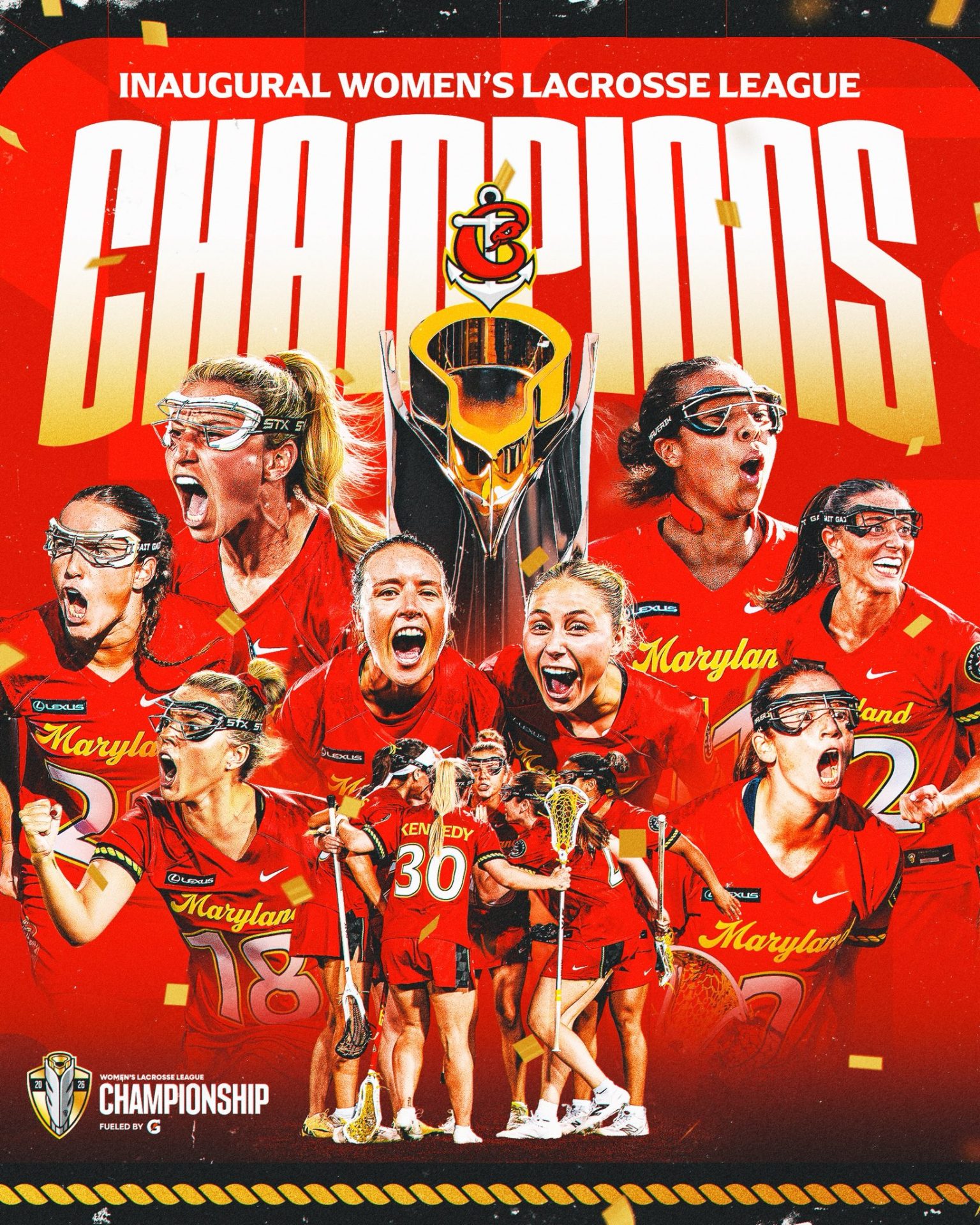 Screen shot of a social post from Maryland Charm that reads "Inaugural Women's Lacrosse League Champions" with pictures of the women's lacrosse players
