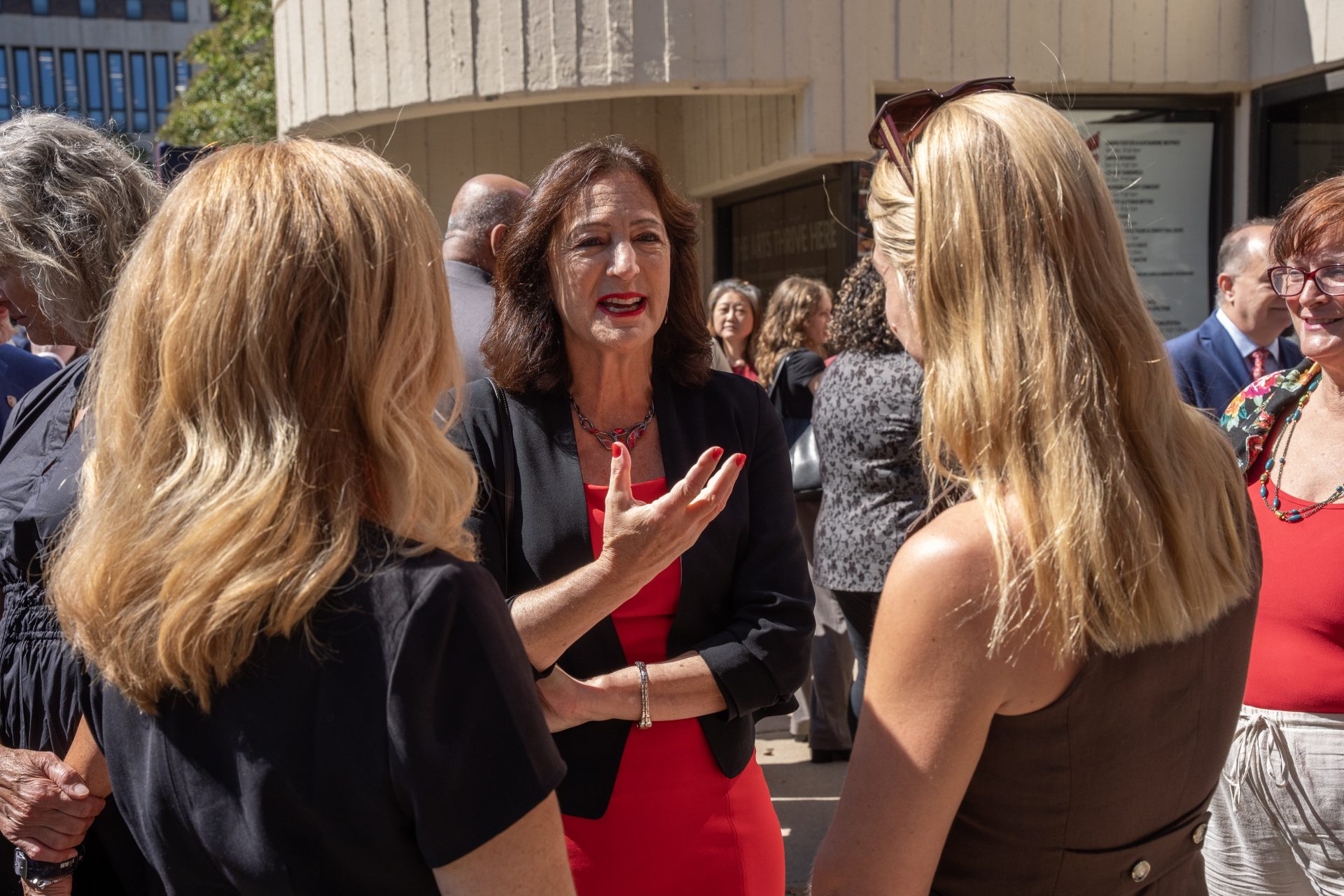 President Goldsmith talking to people outside the Staller Center